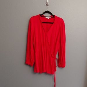 Red wrap ruffle trim blouse